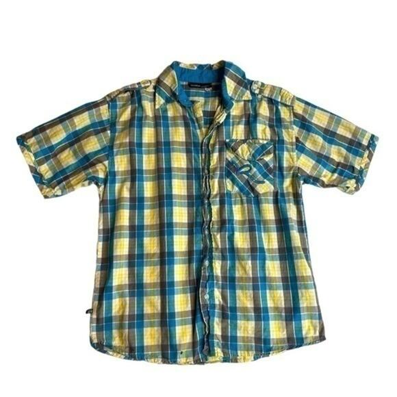 Rocawear Other - Rocawear Plaid Short Sleeve Button Down Shirt Boys Size 14 yellow blue